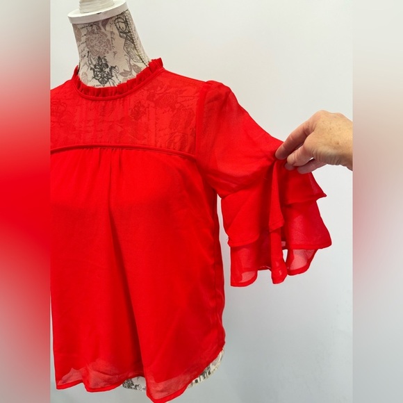 MONTEAU Cherry red sheer ruffle sleeve top size S. - Picture 2 of 13